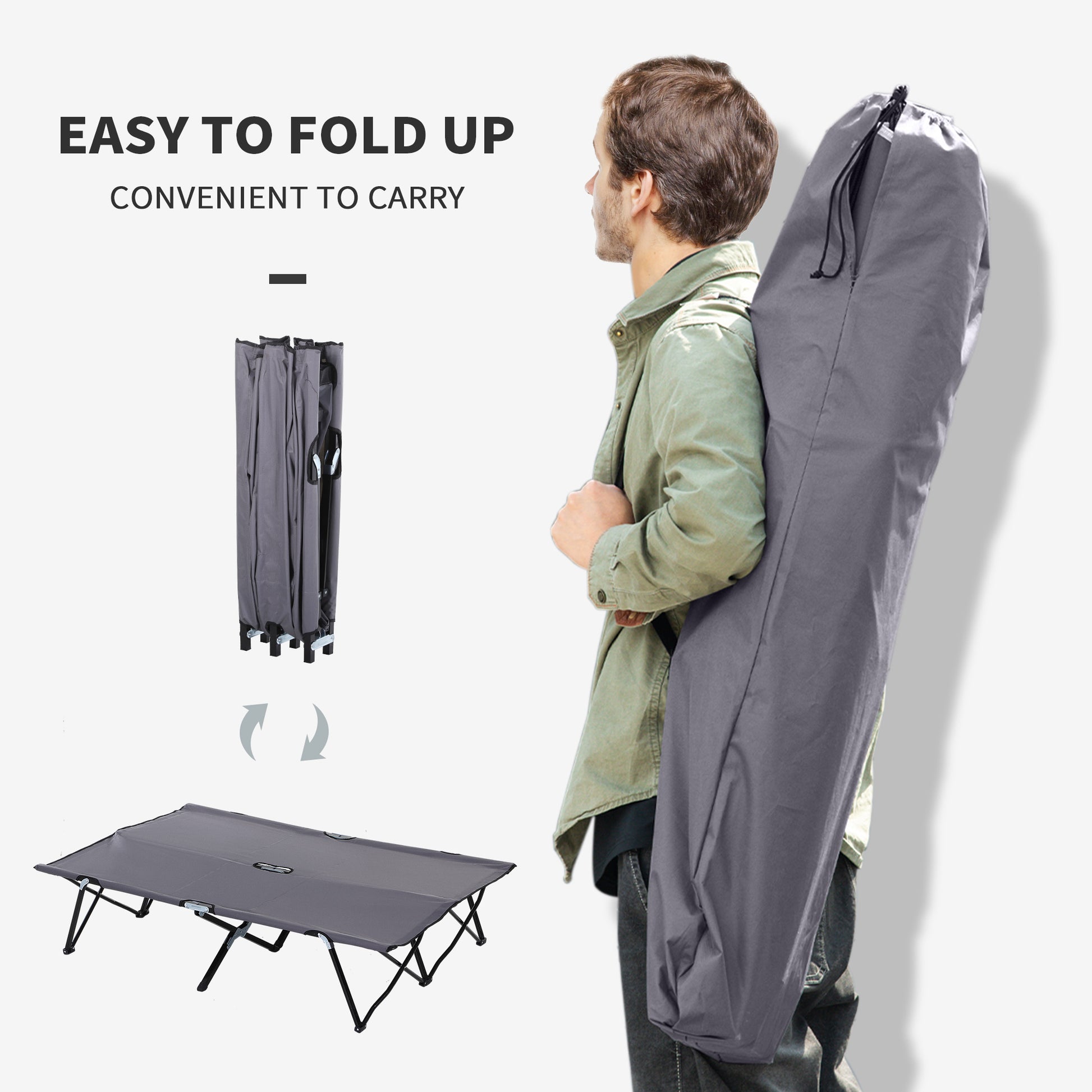 76" Two Person Folding Camping Cot Outdoor Portable Double Cot Wide Military Sleeping Bed w/ Carrying Bag Grey