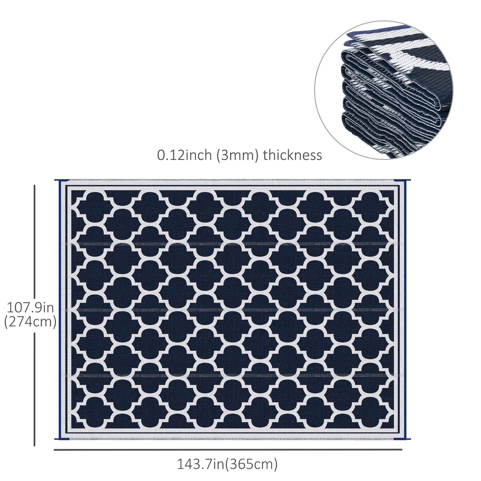 9'x12' Reversible Outdoor RV Rug, Patio Floor Mat, Plastic Straw Rug for Backyard, Deck, Beach, Camping, Dark Blue