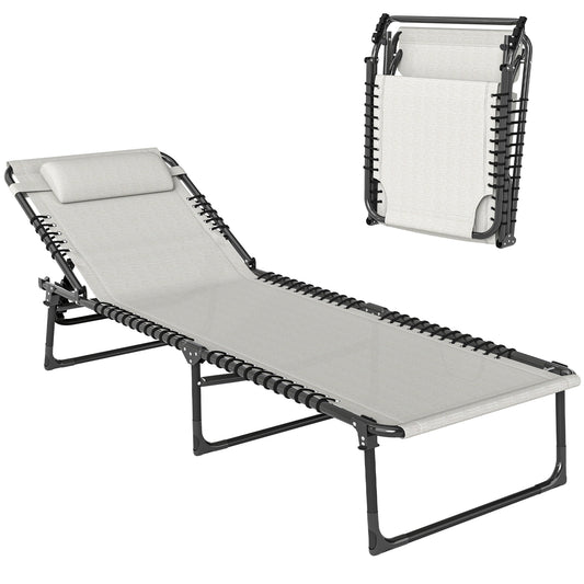 Outdoor Folding Lounge Chair, 4-Level Adjustable Chaise Lounge with Headrest, Tanning Chair Beach Bed, Reclining Lounger Cot for Camping, Hiking, Backyard, Cream