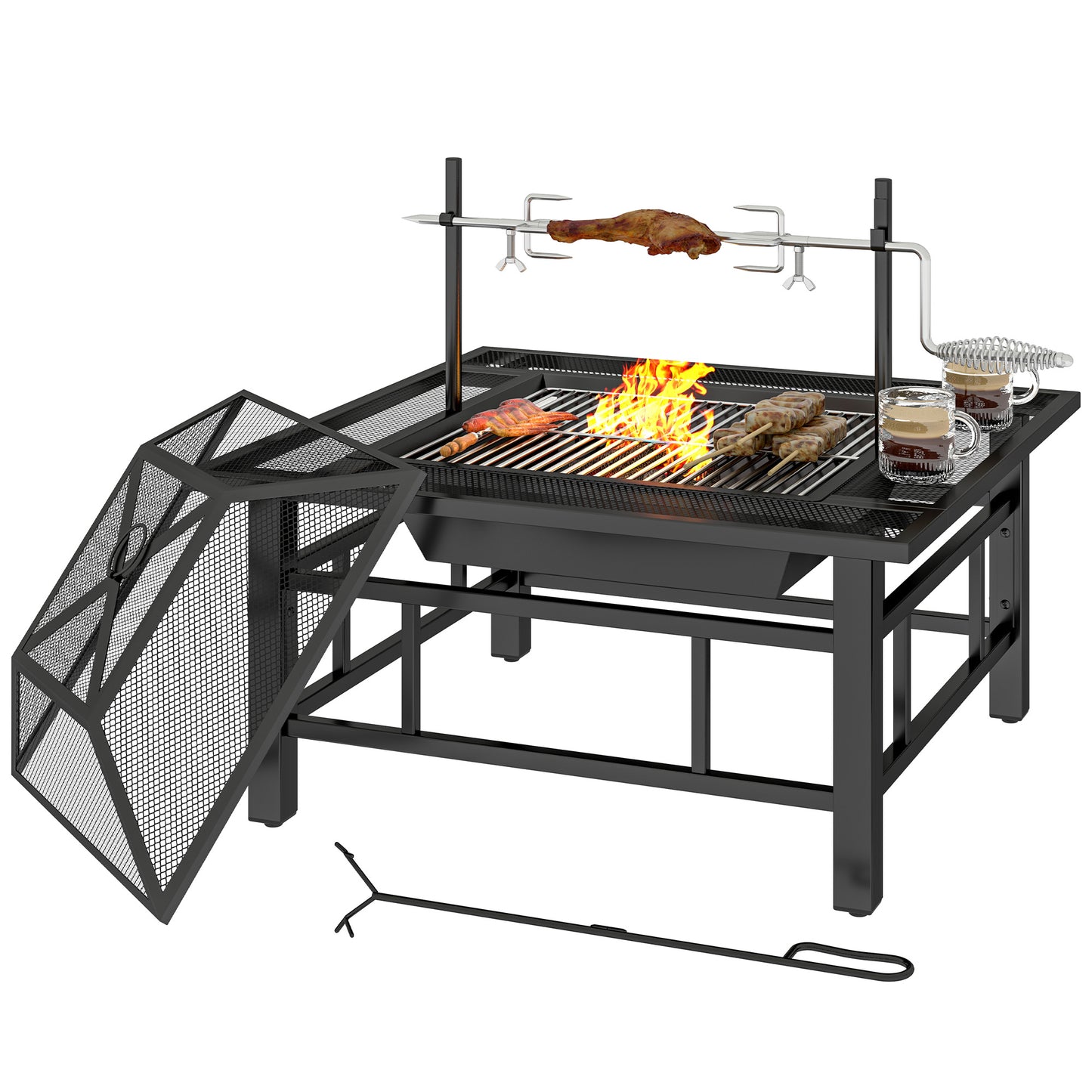 31.9" x 31.9" x 27.8" 2-in-1 Outdoor Fire Pit Firepit with BBQ Grill Grate, Wood Fire Pit with Adjustable Foot Pads, Outer Ledge, Poker, Mesh Lid for Backyard, Black