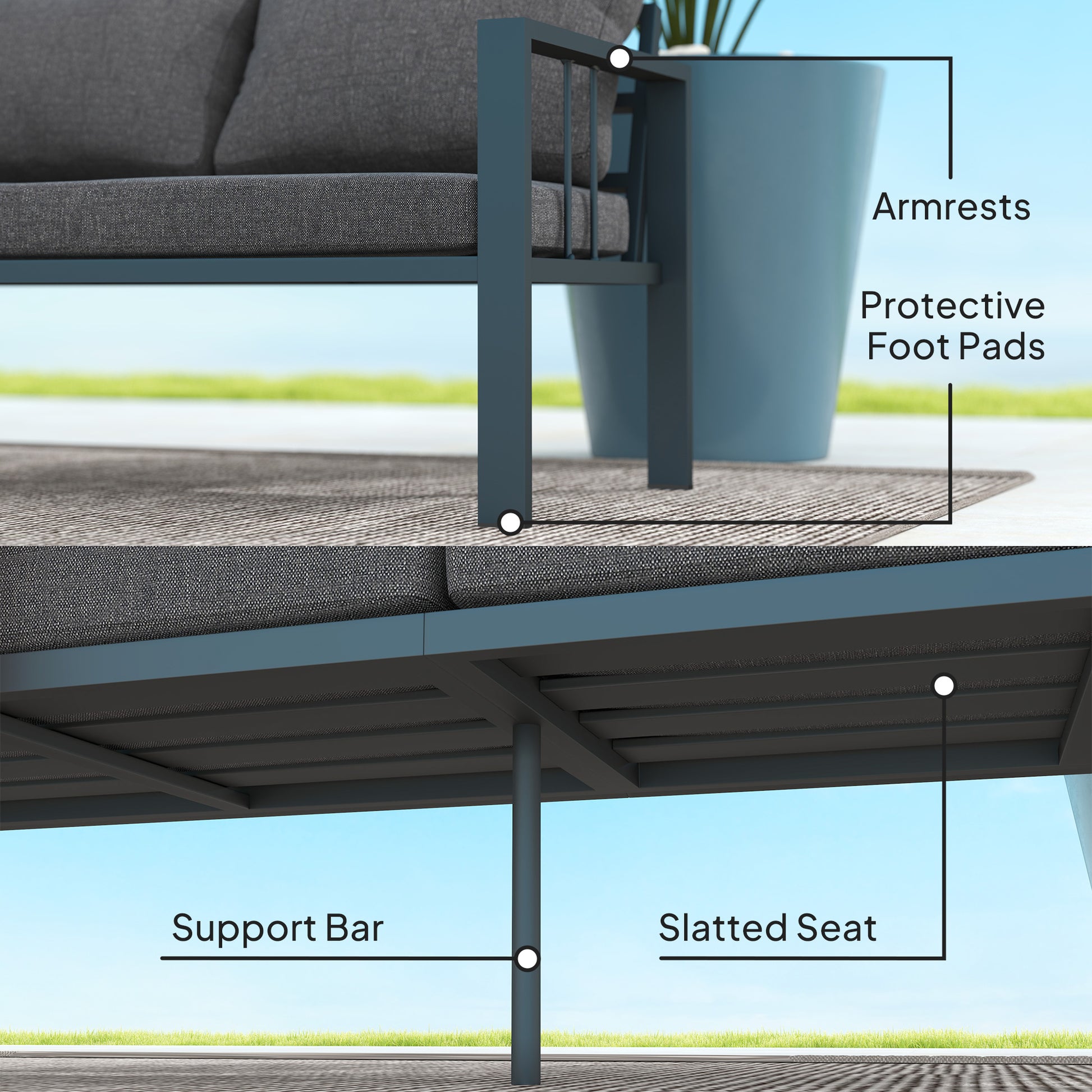 3-Seat Aluminum Outdoor Couch Patio Sofa with Cushions, Wide Seat, Armrests for Garden, Backyard, Balcony, Dark Grey