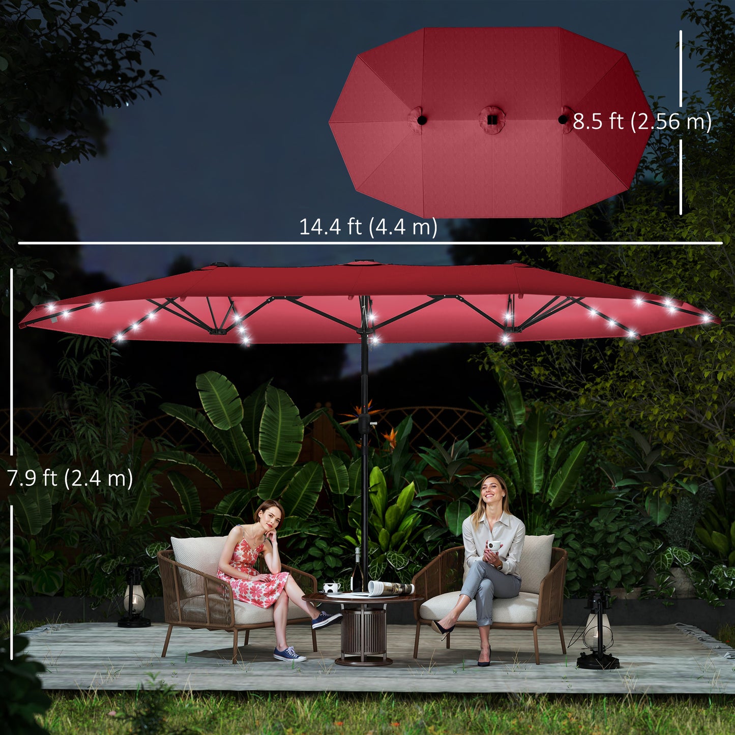 173.2" Double-Sided Sun Umbrella Garden Parasol Patio Sun Shade Outdoor with LED Solar Light, No Base Included, Wine Red