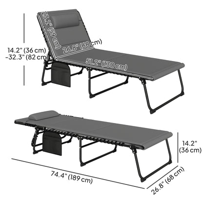 Folding Chaise Lounge Chair Set of 2, Reclining Outdoor Lounge Chair Set with Quick Drying Pad Headrest Side Pocket, Tanning Chair Set for Beach Garden Pool, Light Grey