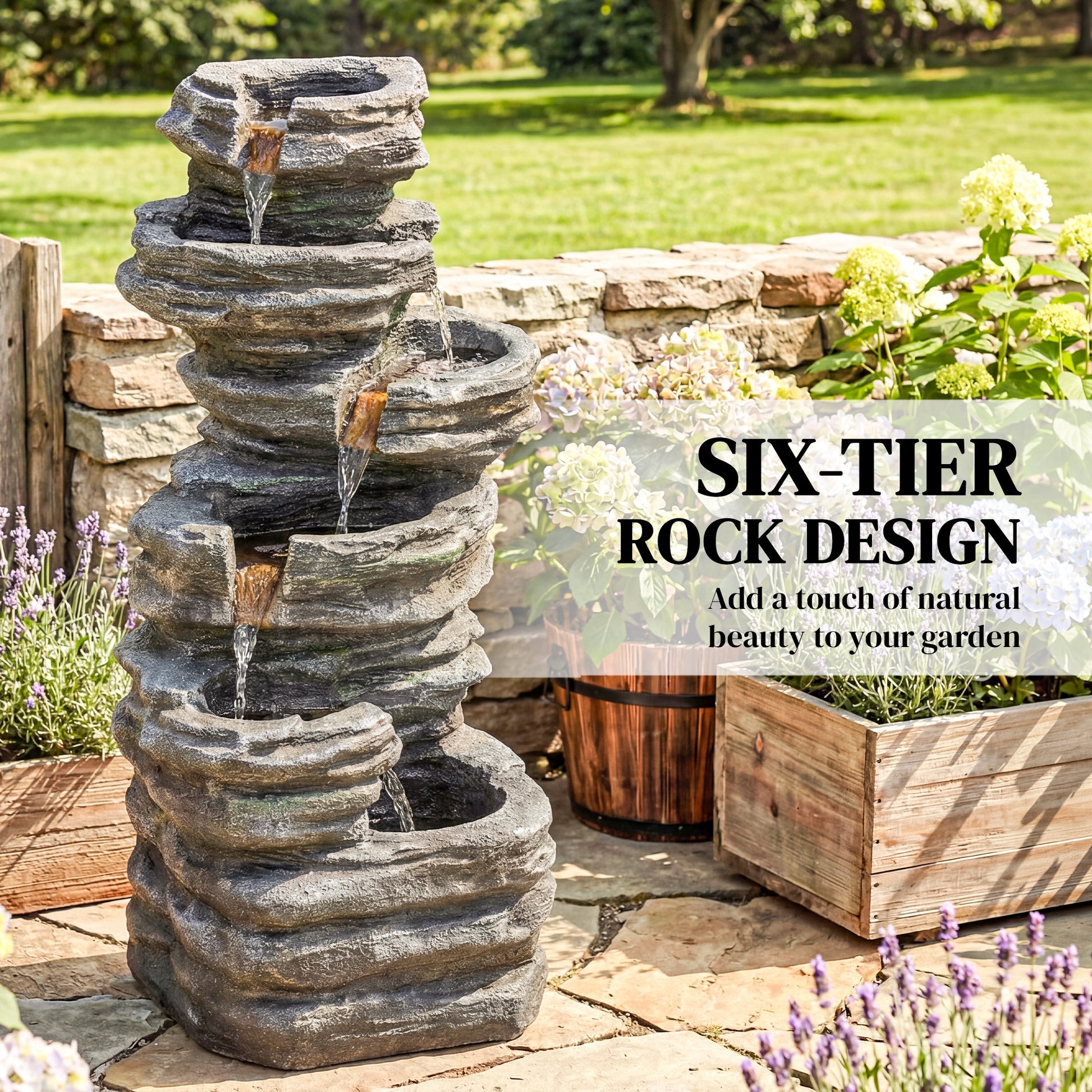 Outdoor 6-Tier Water Fountain, Waterfall Fountain with LED Lights, Resin Waterfall Feature with Pump, Grey