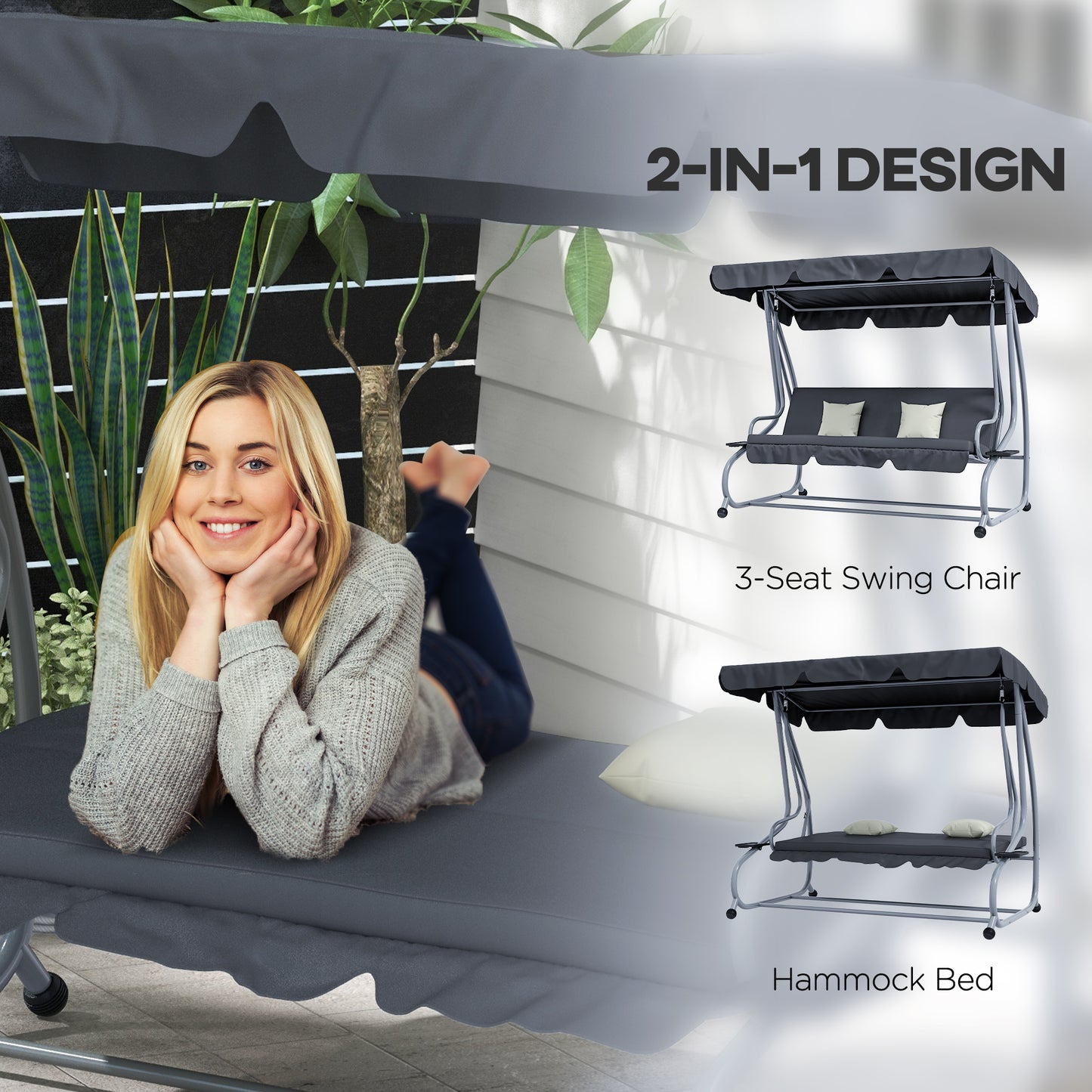 3-Seat Outdoor Patio Swing Canopy Chair, Converting Flat Bed with Adjustable Shade, Cushions, Cup Holder, Dark Grey