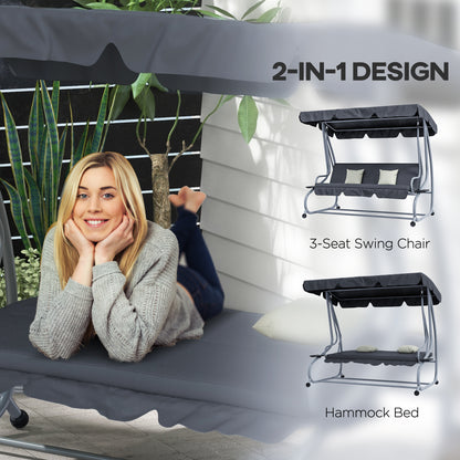 3-Seat Outdoor Patio Swing Canopy Chair, Converting Flat Bed with Adjustable Shade, Cushions, Cup Holder, Dark Grey