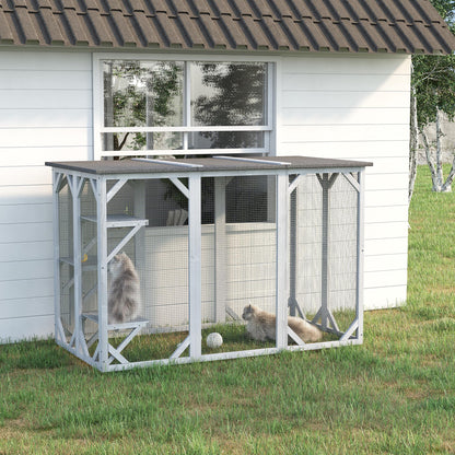 44.1" H Cat Cage, Indoor Outdoor Wooden Enclosure Pet House, Small Animal Cage Hutch, Suitable for Rabbit, Dogs, Kitten, Crate Kennel with Waterproof Roof, Multi-Level Platforms, Lock, Grey
