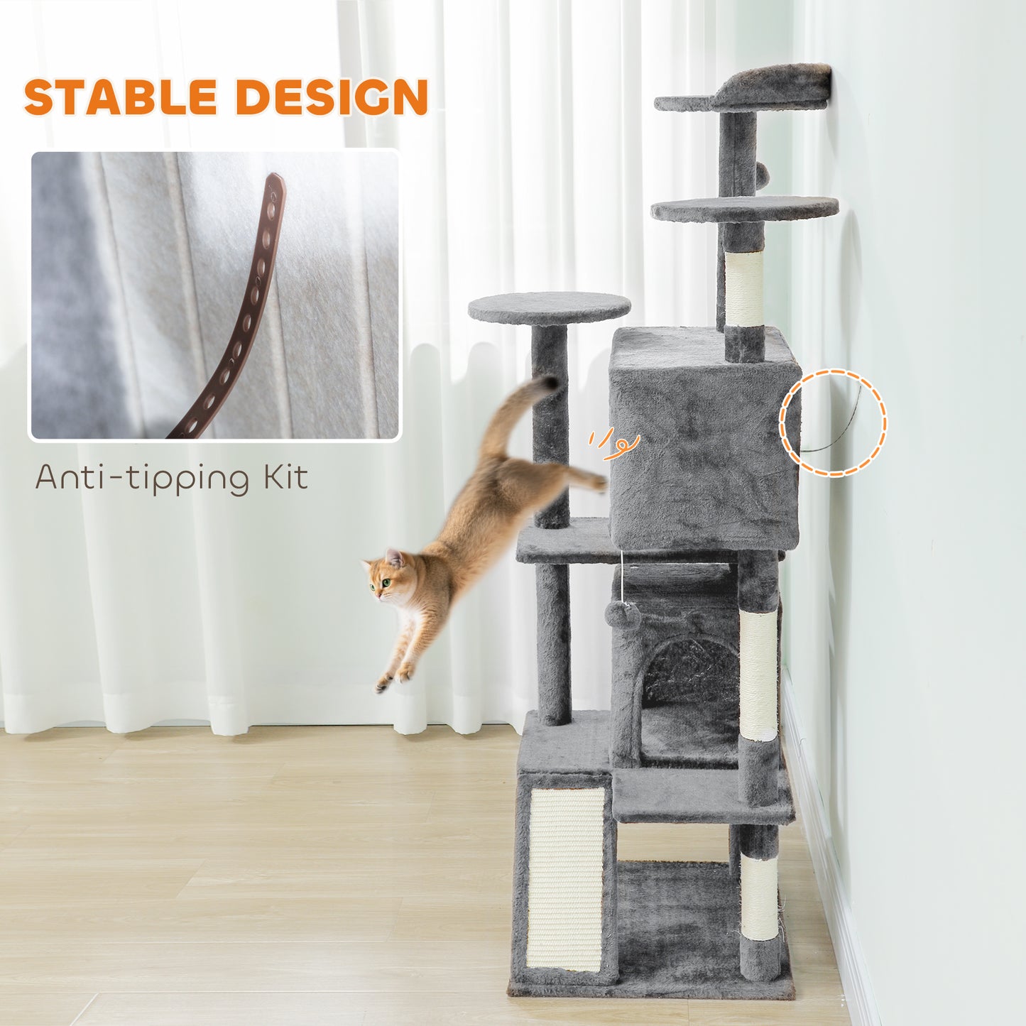 54" Cat Tree, Multi-Level Cat Tower with Scratching Posts, Cat Condos, Bed, Platforms, Ramp, Toy Ball, Light Grey