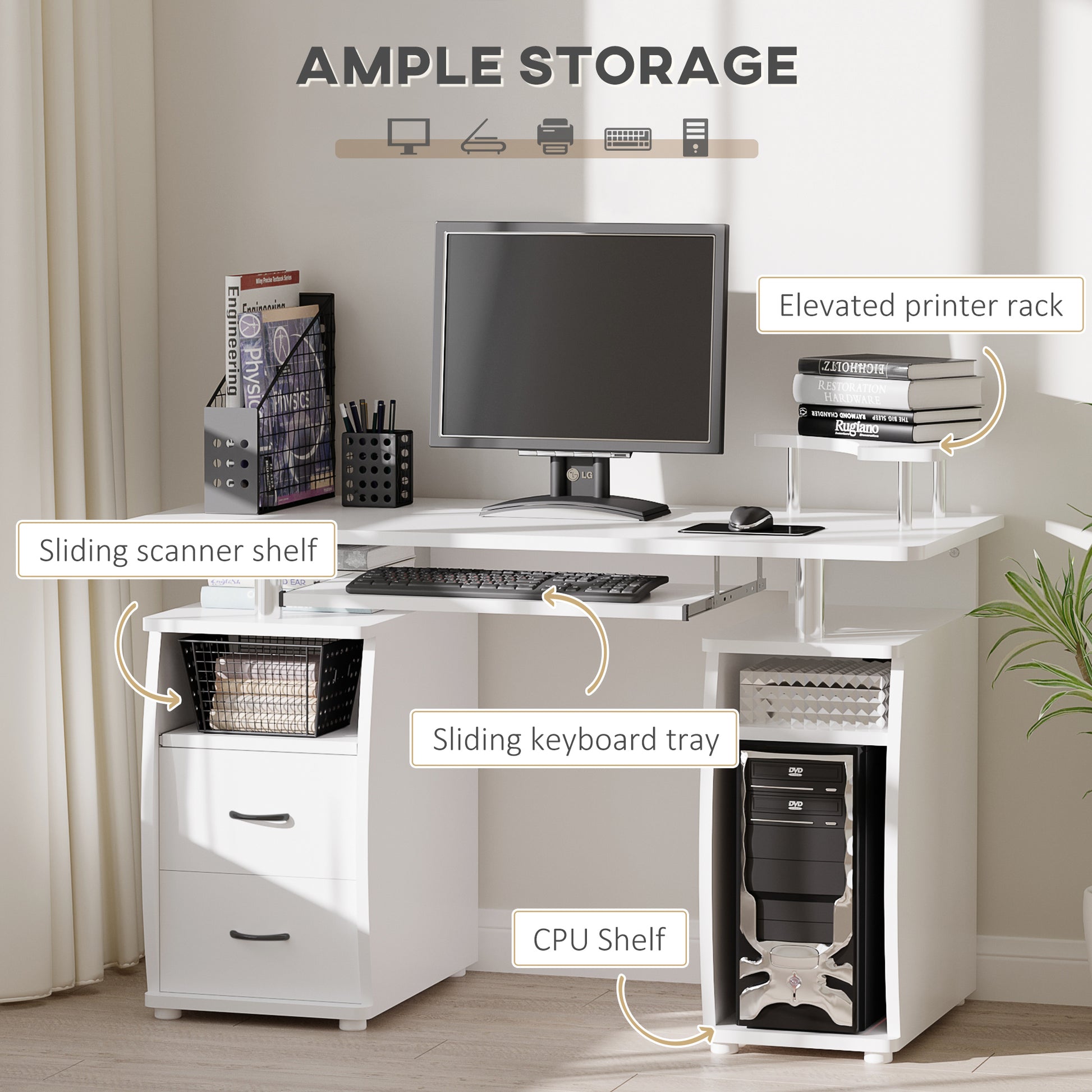 Computer Desk with Keyboard Tray, Home Office Desk with Drawers, CPU Stand, Printer Stand and Open Shelves, Writing Workstation for Study, White