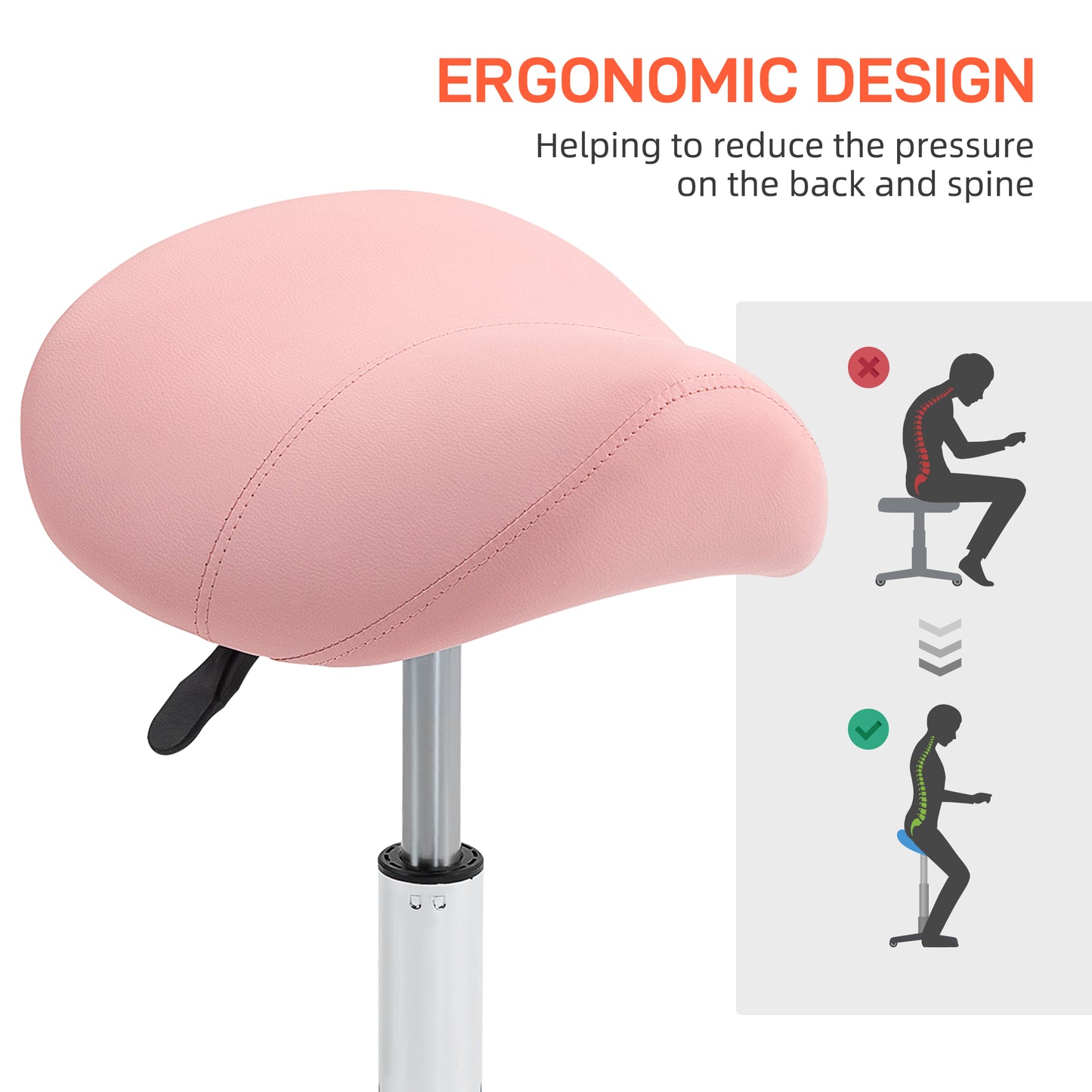 Cosmetic Stool 360° Rotate Height Adjustable Salon Massage Spa Chair Hydraulic Rolling Faux Leather Saddle Stool, Pink