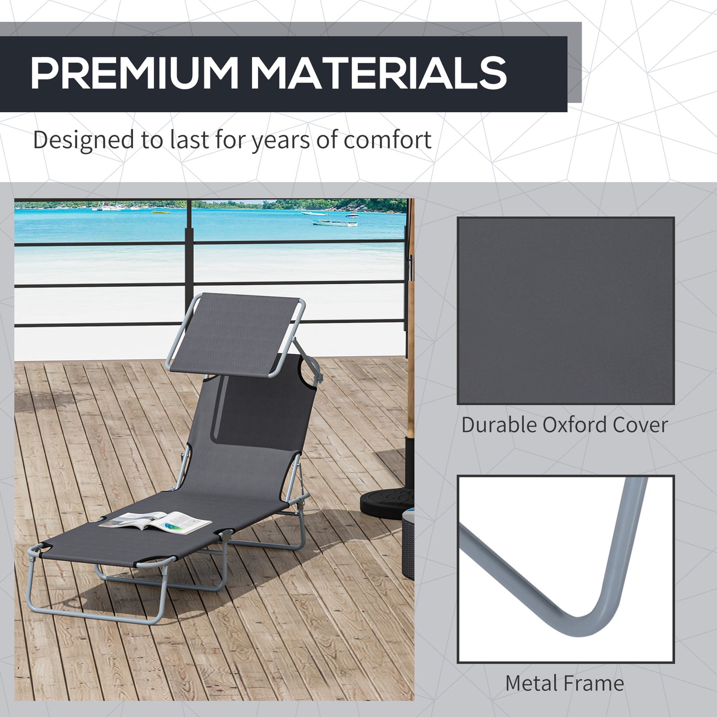Outdoor Lounge Chair, Adjustable Folding Chaise Lounge, Tanning Chair with Sun Shade for Beach, Camping, Hiking, Backyard, Grey
