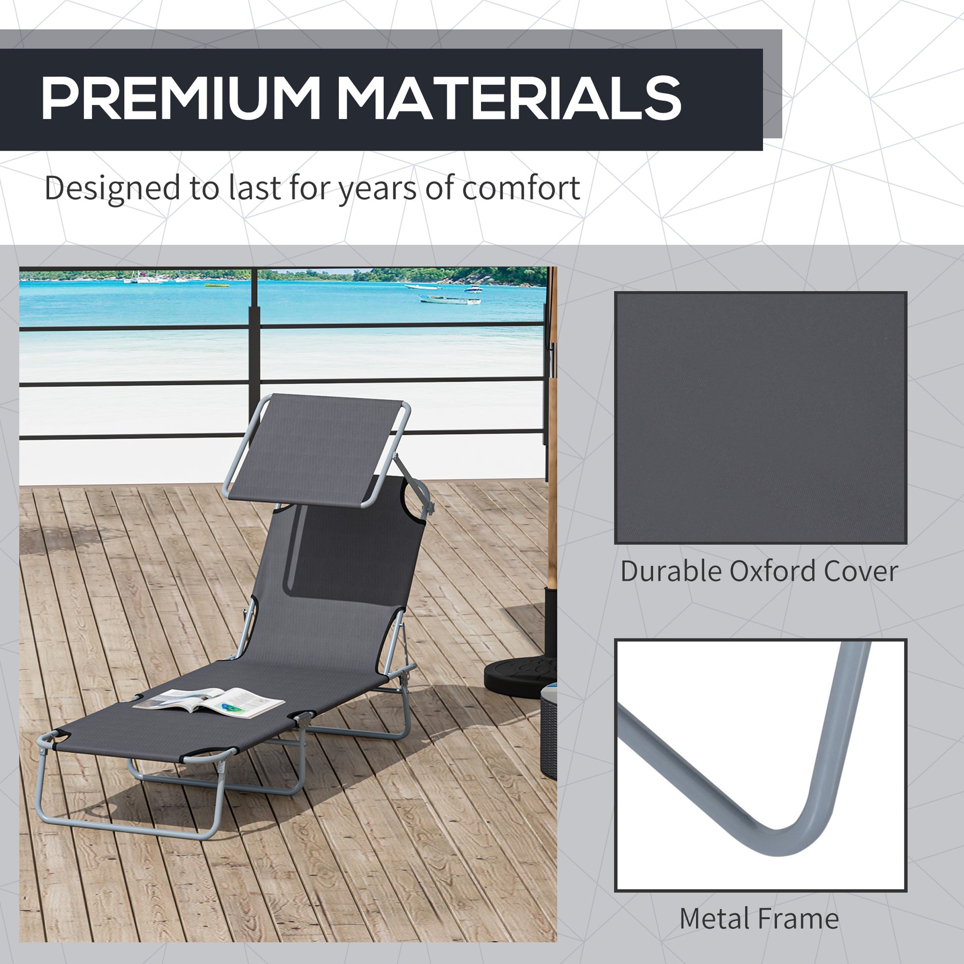 Outdoor Lounge Chair, Adjustable Folding Chaise Lounge, Tanning Chair with Sun Shade for Beach, Camping, Hiking, Backyard, Grey