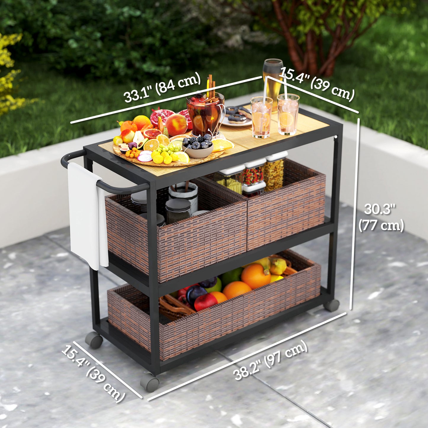 Outdoor Bar Cart with Side Handle, 3-Tier Rolling Cart on Wheels with Removable Rattan Basket, Mixed-Brown