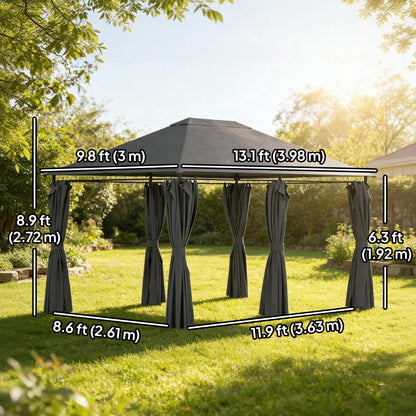 13'x 10' Soft-top Steel Patio Gazebo Canopy Party Tent with 6 Removable Curtains and Drainage Holes, Dark Grey