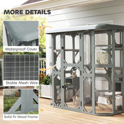 Catio Outdoor Cat Enclosure, 71" Wooden Cat House with Platforms, Condos and Waterproof Cover for 2–3 Kittens, Grey