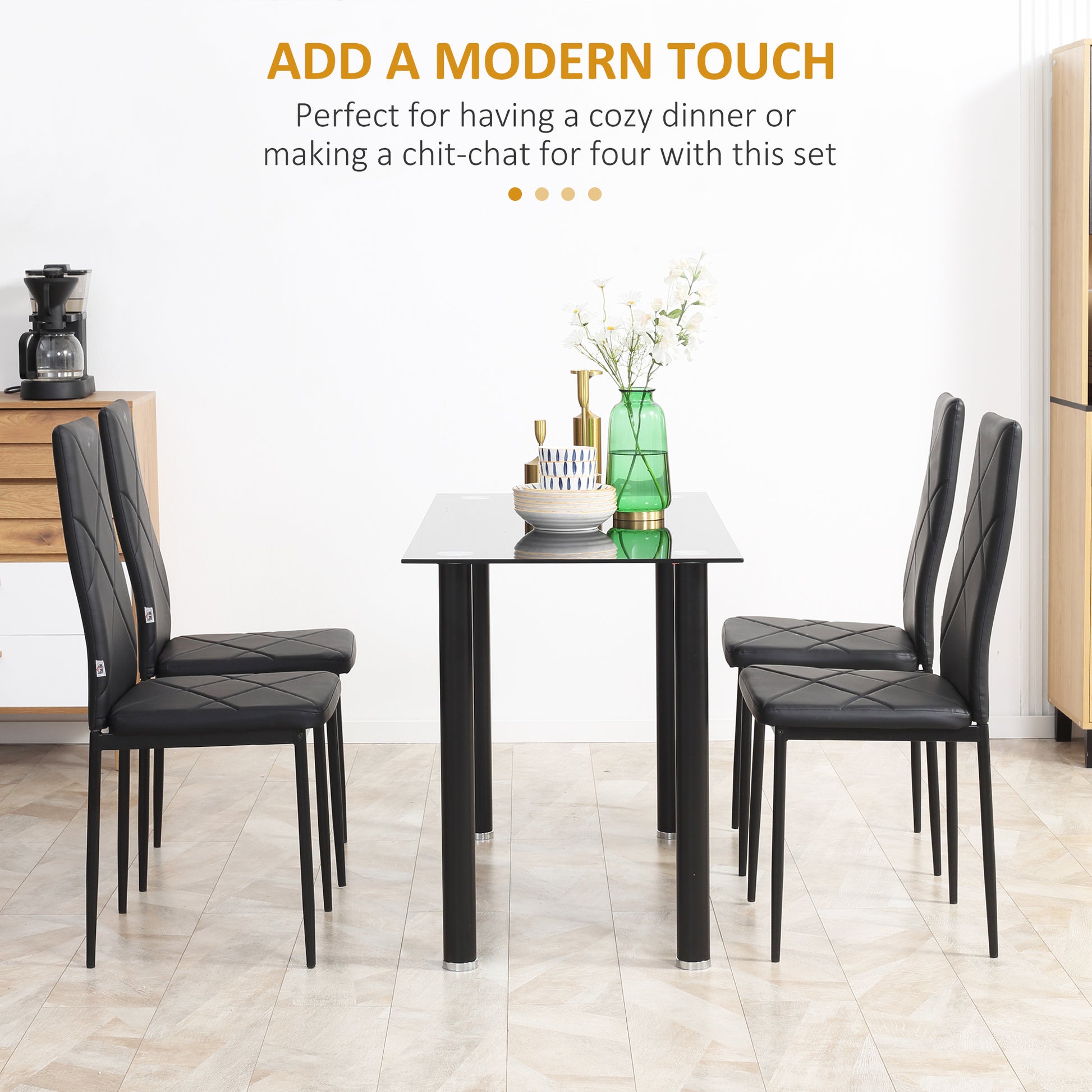 Dining Chairs Set of 4, Modern Accent Chair with High Back, Upholstery Faux Leather and Steel Legs for Living Room, Kitchen, Black