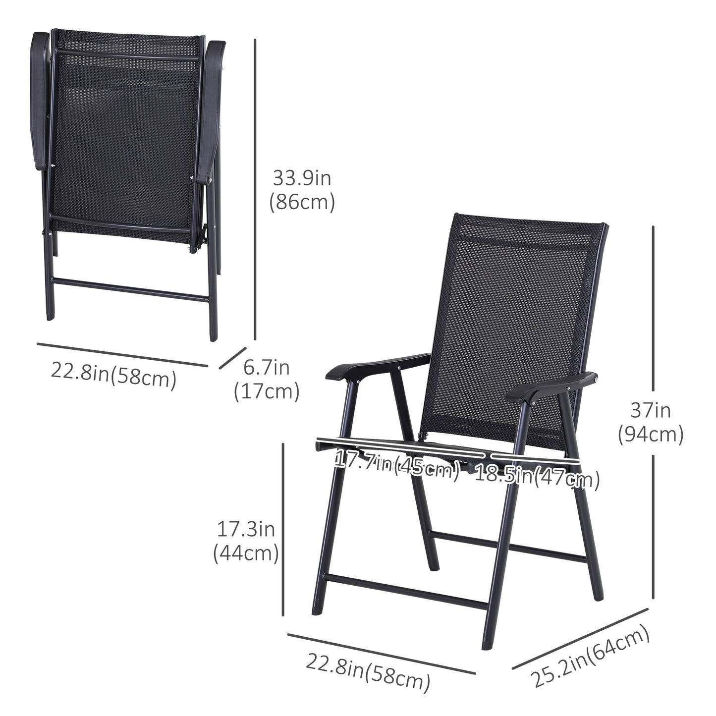 2-Piece Folding Dining Chair Set for Relaxing on Patio, Balcony, or Garden, Comfortable Outdoor Furniture with Armrests, Black