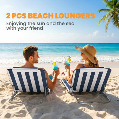2 Pieces Beach Lounge Chair, Outdoor Folding Chaise Lounge Set w/ Pillow for Sunbath, Snap, Blue and White
