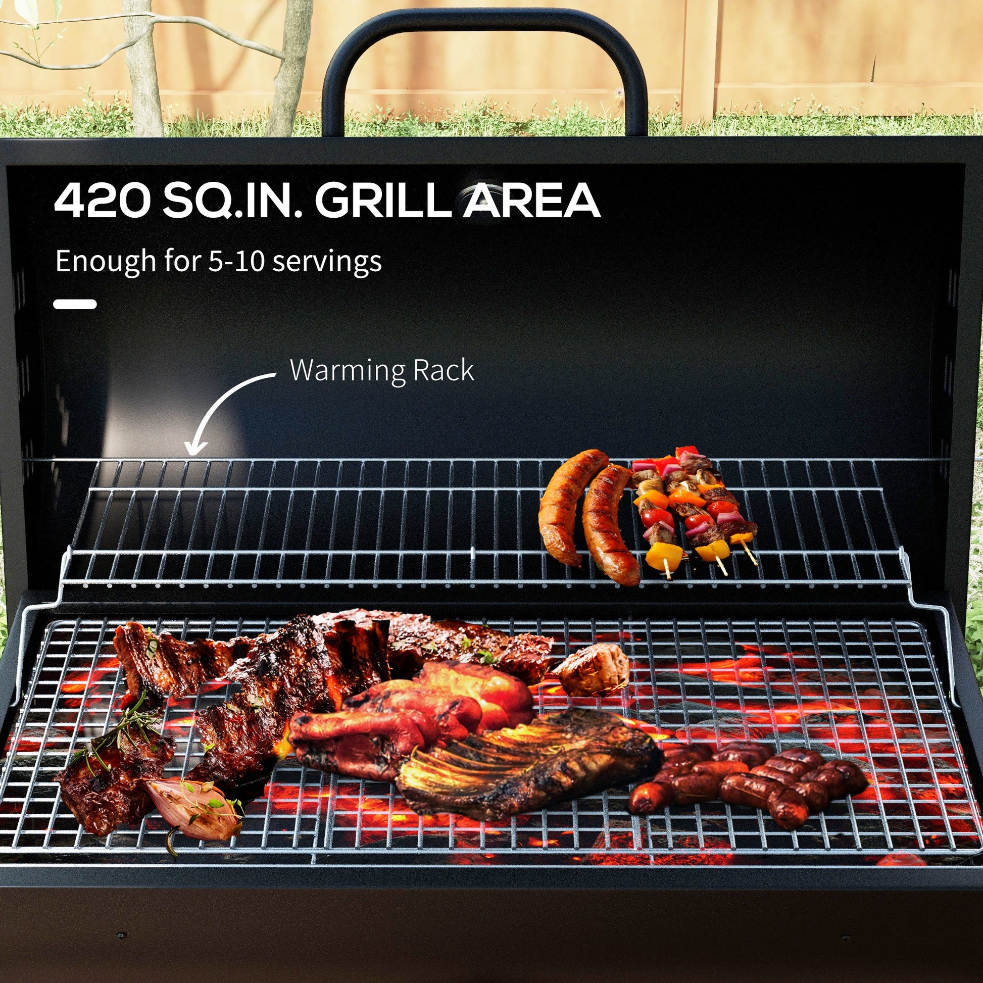 Barrel Charcoal BBQ Smoker, Barbecue with 420 sq.in. Cooking Area, Wheels, Ash Catcher, Black