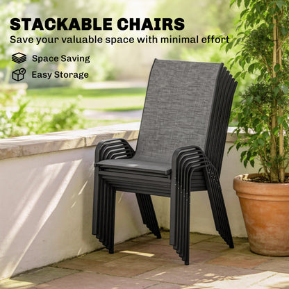 Outdoor Dining Set for 6, Faux Wood Metal Patio Table and Mesh Stackable Chairs with Umbrella Hole, Mixed Grey