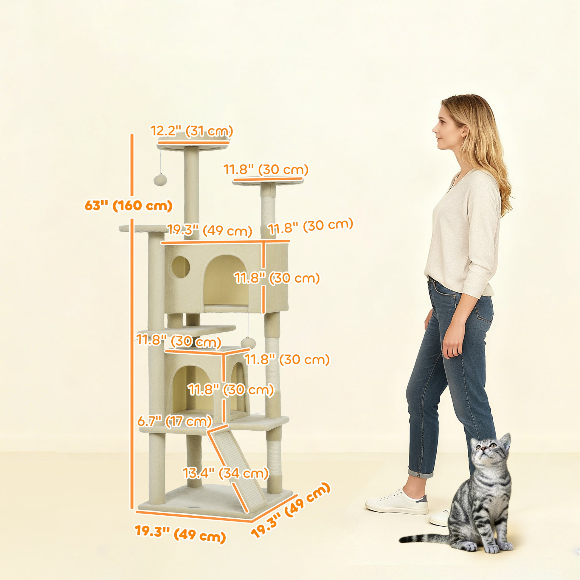 63" Cat Tree, Multi-Level Cat Tower with Scratching Posts, Cat Condos, Bed, Platforms, Ramp, Toy Ball, Cream White