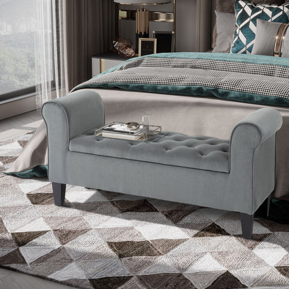 Button Tufted Storage Ottoman Bench, End of Bed Bench with Rolled Arms, Storage Chest for Living Room, Entryway, Grey