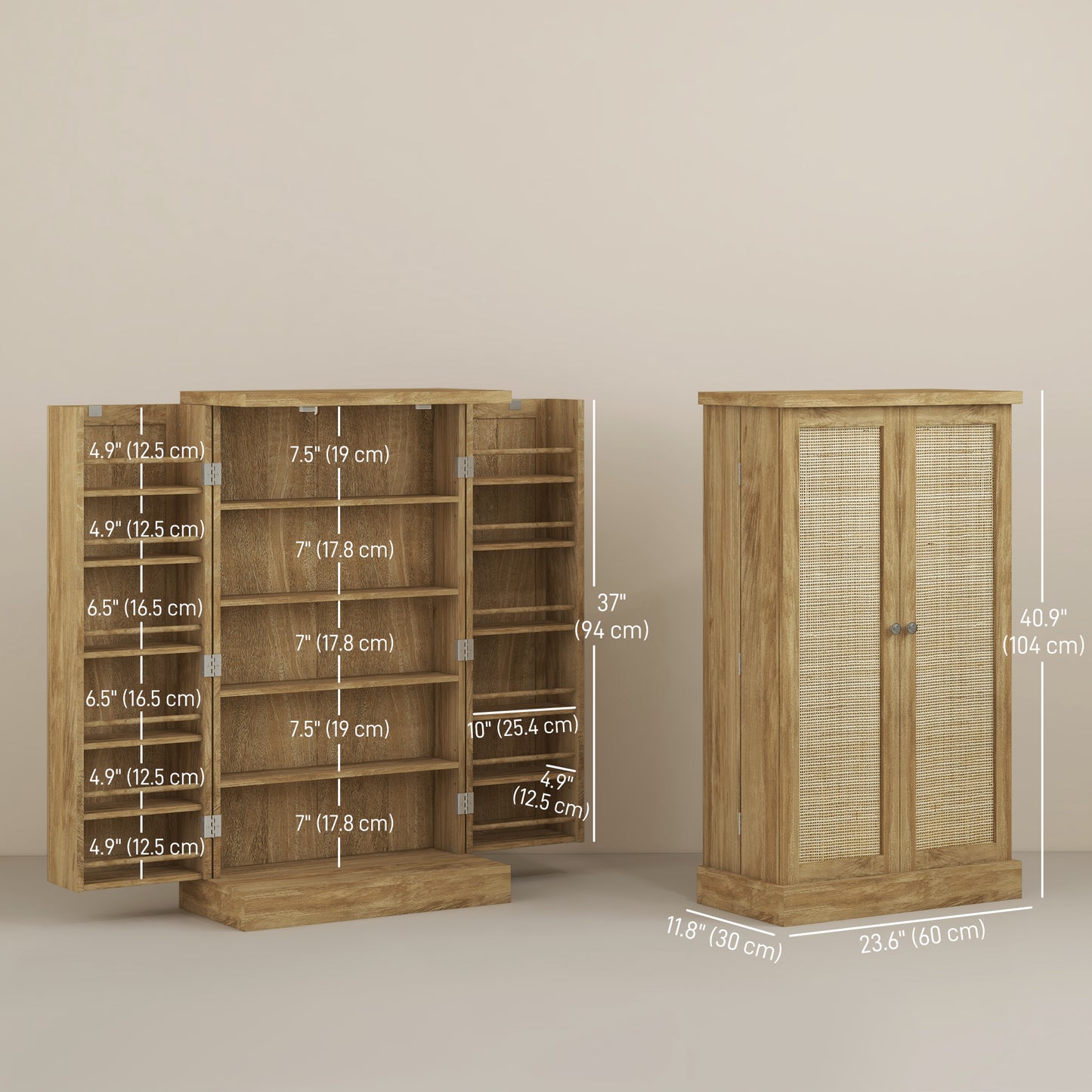 41" Rattan Kitchen Storage Cabinet, Food Pantry Cabinet with 5-Tier Shelf 12 Spice Racks Adjustable Shelves Natural