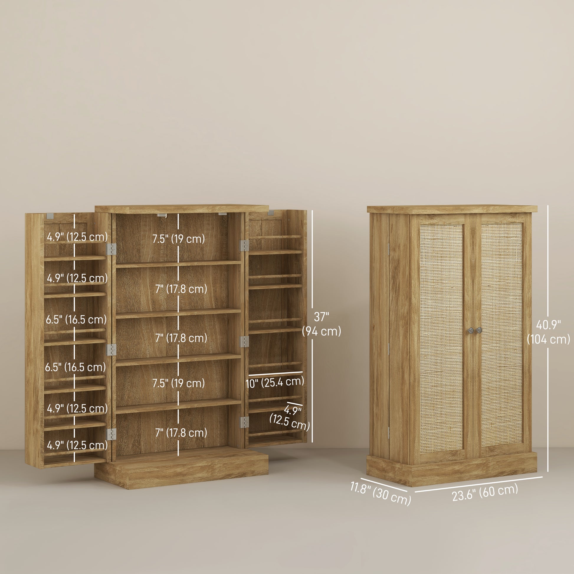 41" Rattan Kitchen Storage Cabinet, Food Pantry Cabinet with 5-Tier Shelf 12 Spice Racks Adjustable Shelves Natural