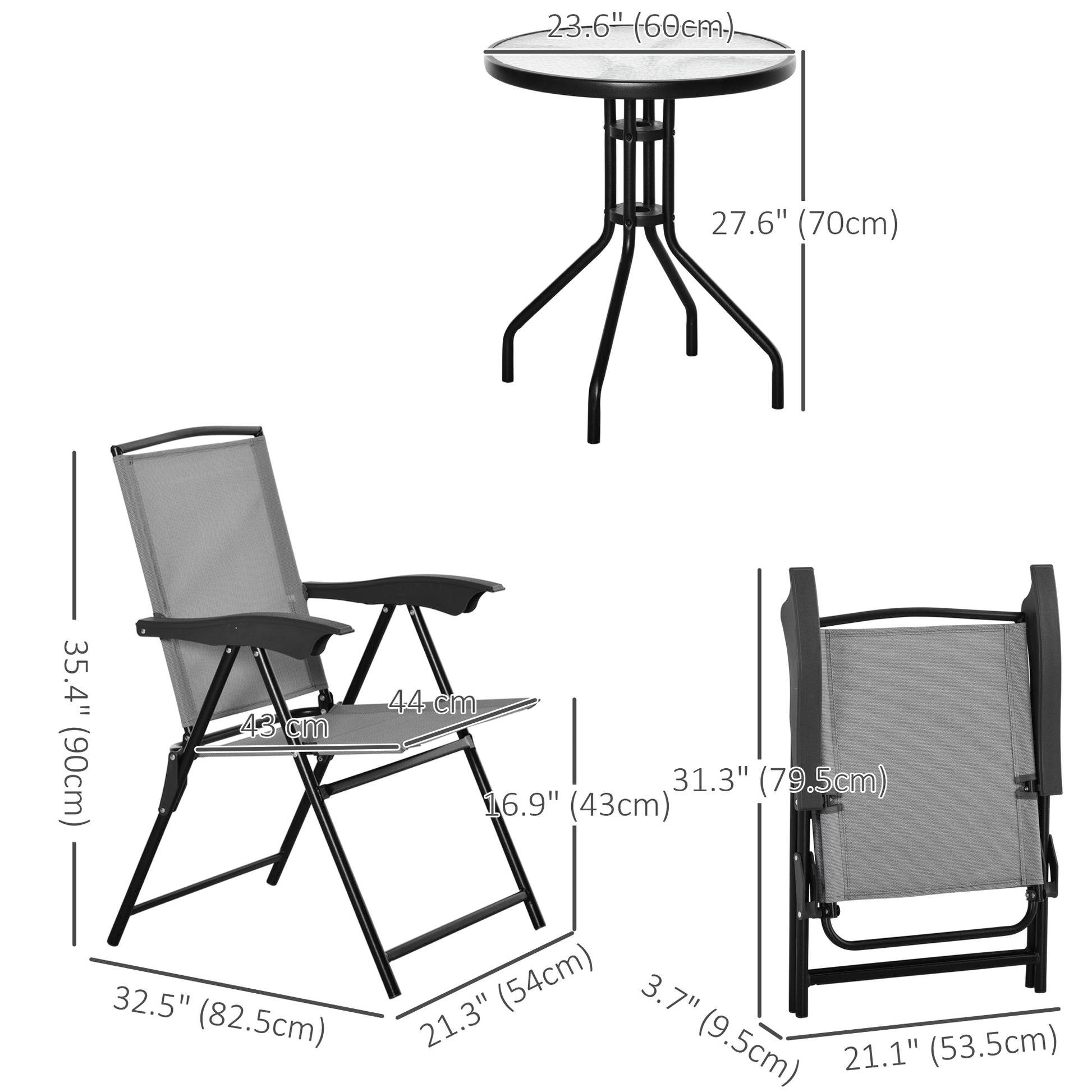 Folding Outdoor Bistro Set, Patio Table and Chairs with Reclining Backrest and Round Dining Table, Grey