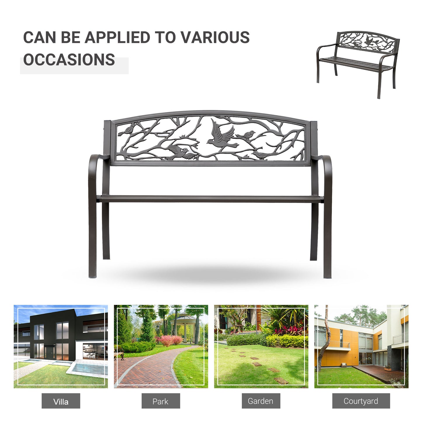 50" Garden Bench Outdoor Loveseat with Vintage Bird Pattern Cast Metal - Brown