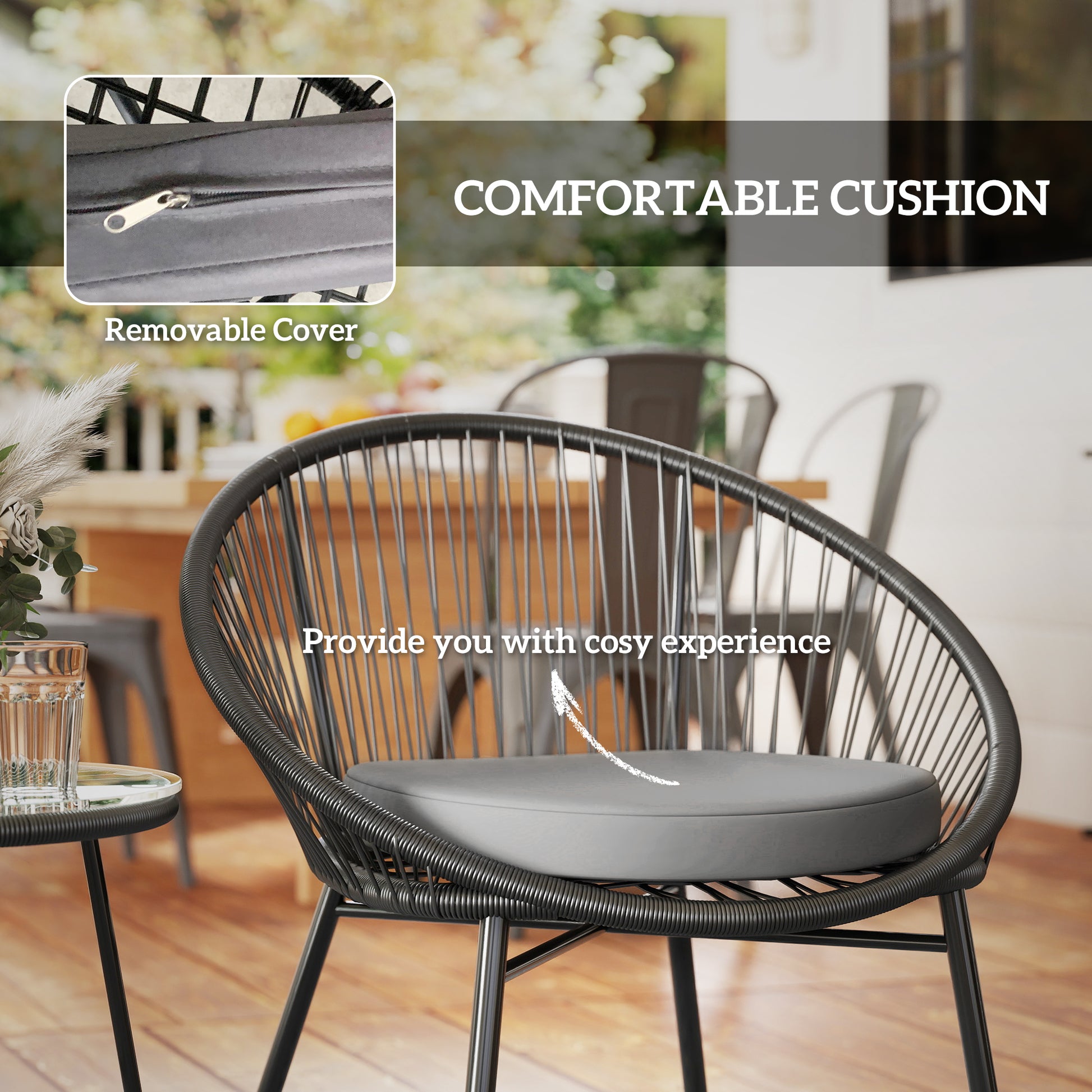 3 Piece Wicker Patio Furniture Set with Soft Seat Cushions, Tempered Glass Tabletop, Bistro Set for Garden, Black