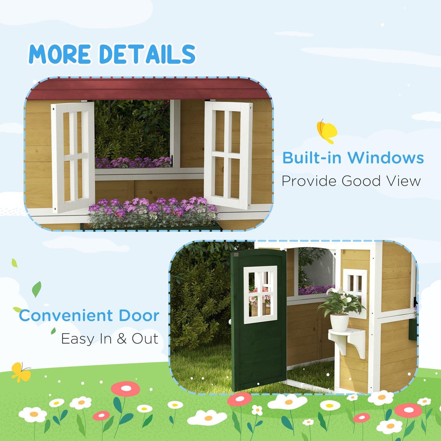 Kids Wooden Outdoor Playhouse for Toddlers aged 3–8, featuring Door, Windows, Planter Pots and Boxes, Garden Cottage Style Backyard Playhouse, Beige