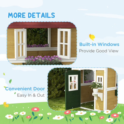 Kids Wooden Outdoor Playhouse for Toddlers aged 3–8, featuring Door, Windows, Planter Pots and Boxes, Garden Cottage Style Backyard Playhouse, Beige