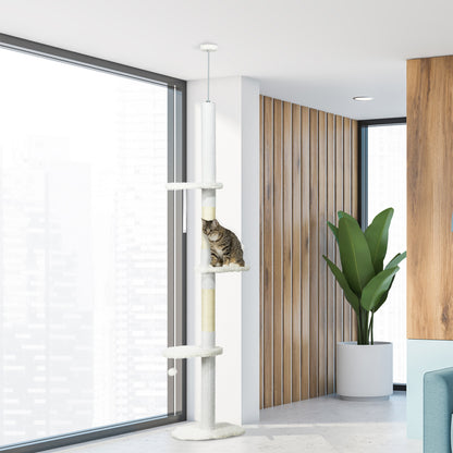 88.5"-100.5" Floor to Ceiling Cat Tree, Cat Tower with Scratching Posts, Cloud Shaped Platforms, Dangling Balls, White