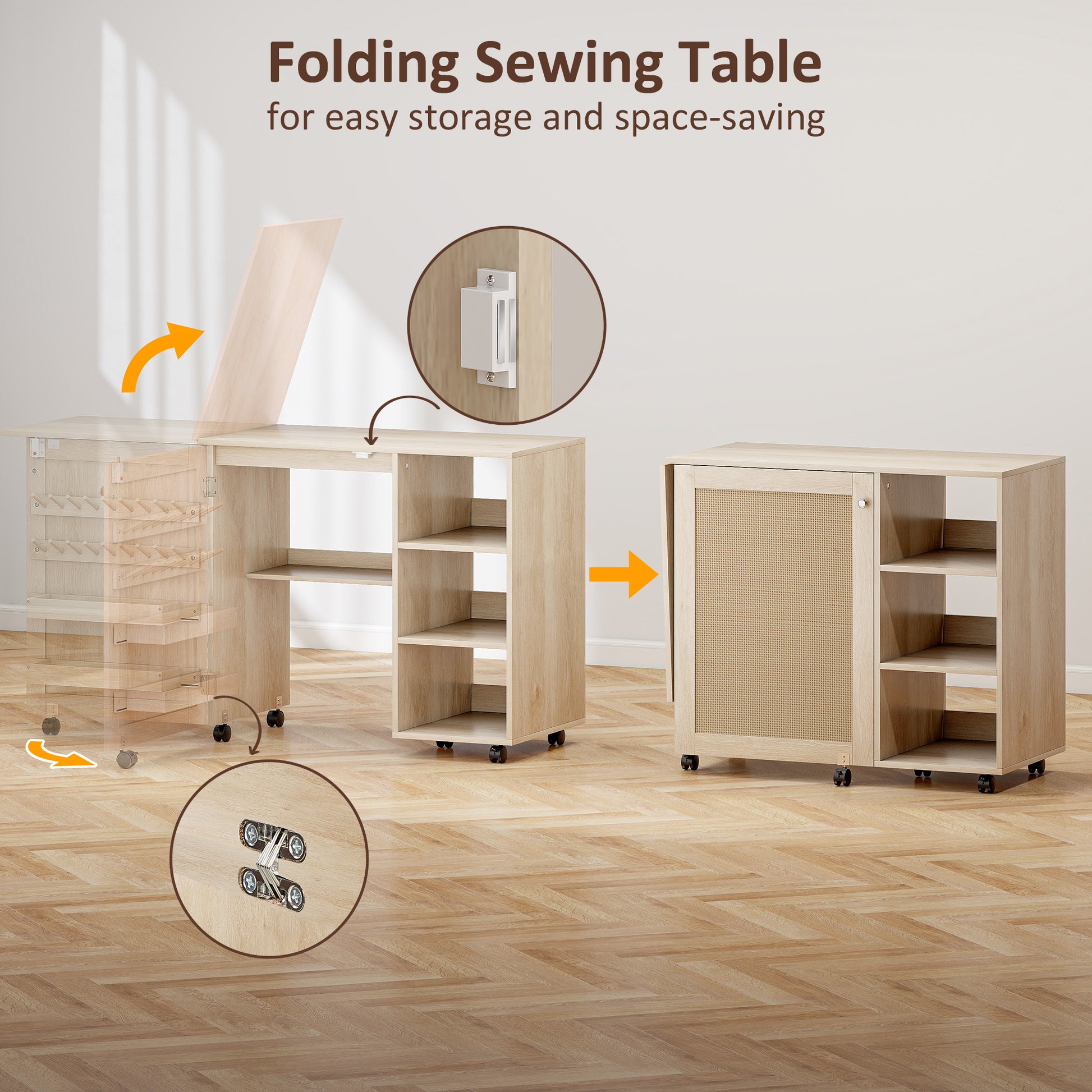 Sewing Machine Table with Drop Leaf, Folding Craft Table Rattan Door and Storage Shelves for Small Spaces, Natural