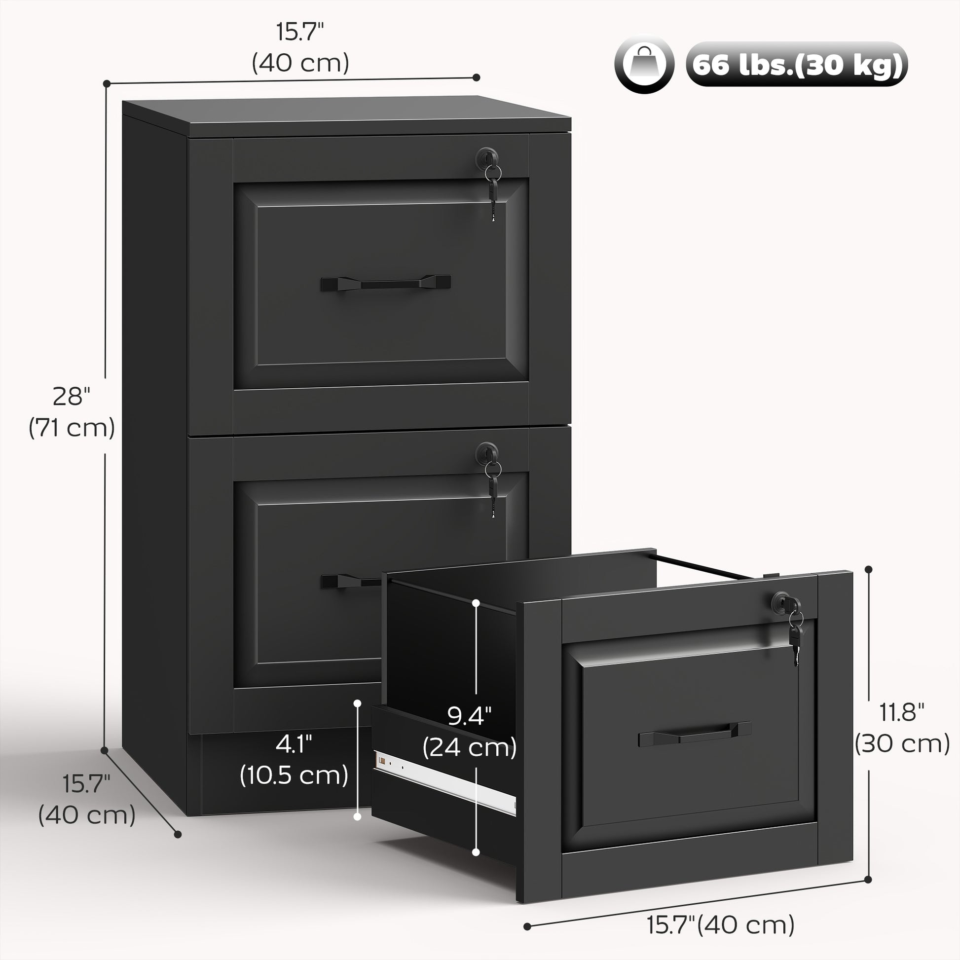 2 Drawer File Cabinet with Lock, Vertical Filing Cabinet with Adjustable Hanging Bars for A4 and Letter Size, Black