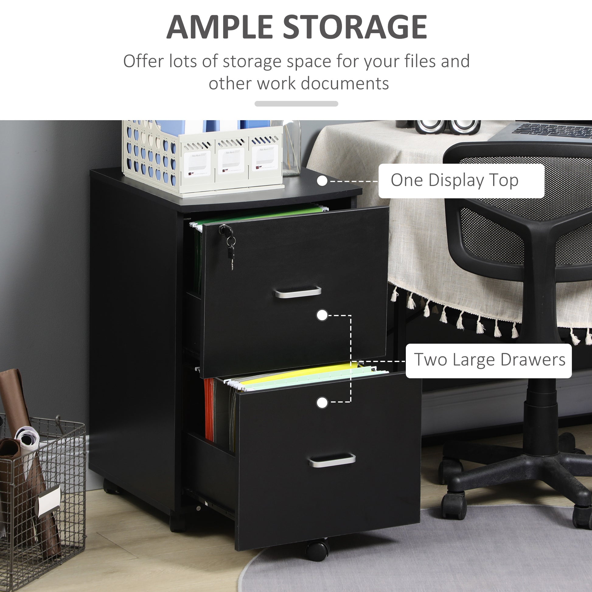 2 Drawer File Cabinet with Lock, Small Rolling Filing Cabinet for A4, Letter-Size Documents, Printer Stand for Home Office, 17" x 17.75" x 28.25", Black
