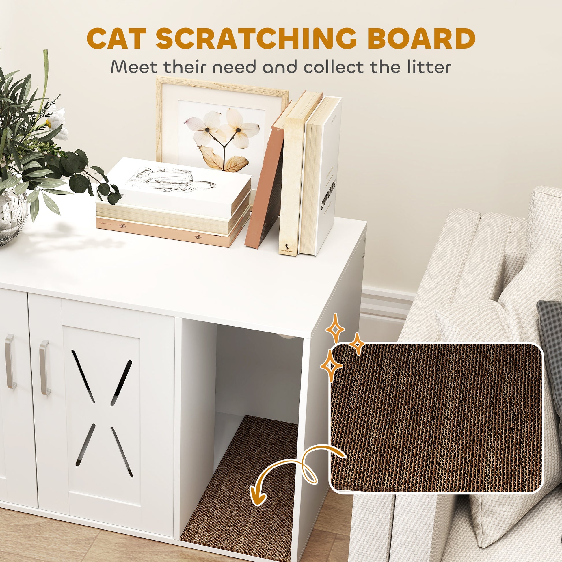 Cat Litter Box Enclosure, Hidden Cat Litter Box Furniture with Scratching Board, 31.5" x 19" x 20", White