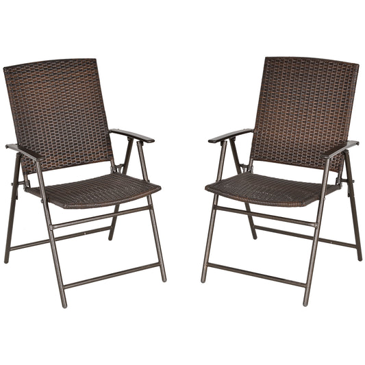 Outdoor Wicker Dining Chair Set of 2, 2 Pieces Rattan Foldable Chair with Steel Frame for Garden, Backyard, Porch, Brown