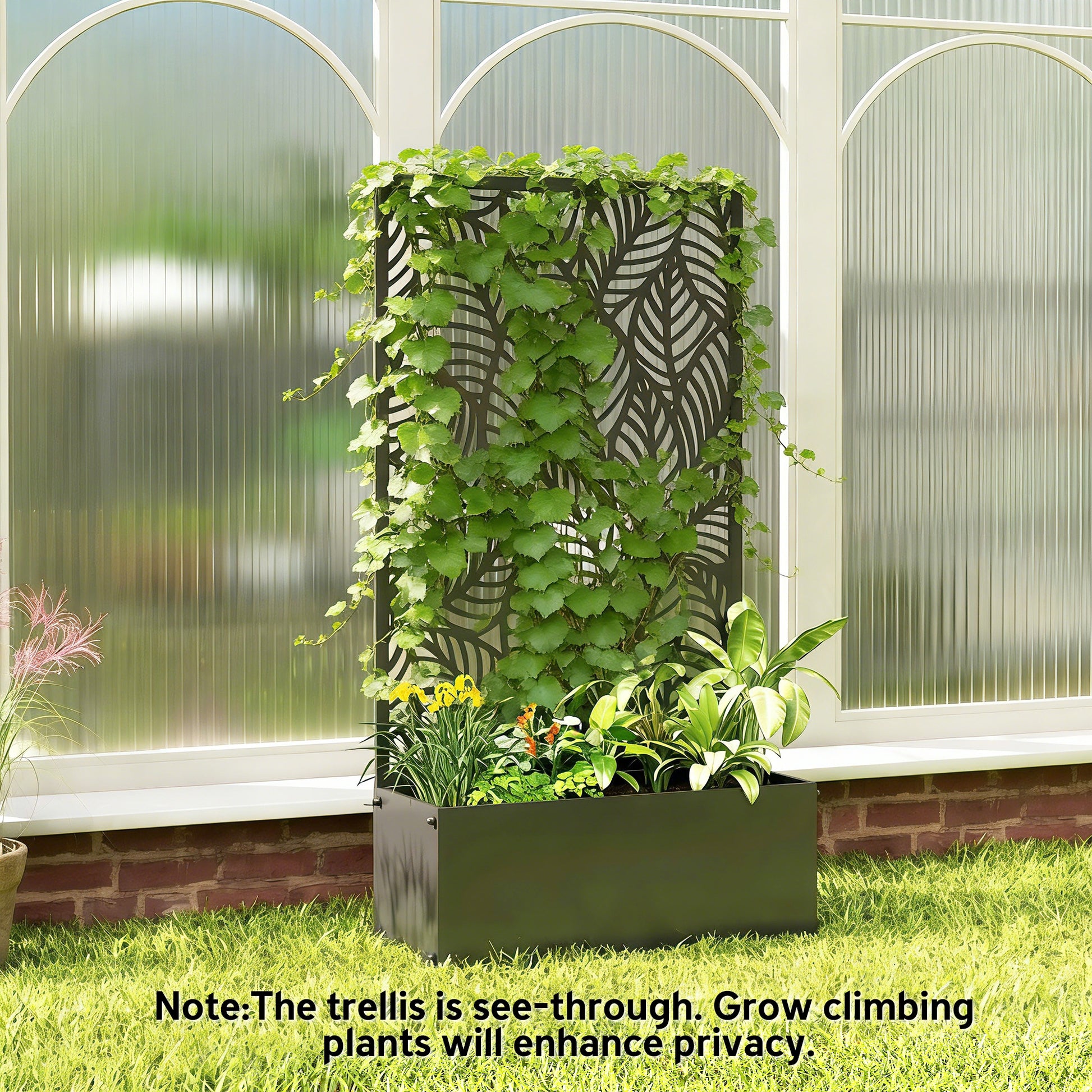 Metal Planter Box with Trellis, 44.5" Raised Garden Bed with Trellis Privacy Screen for Climbing Plants, Leaves Cut-Out