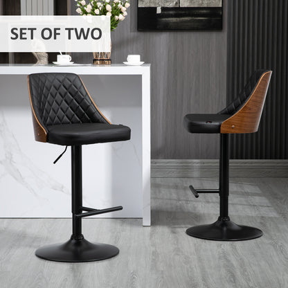 Modern Bar Stools PU Leather Set of 2 Swivel Bar Height Barstools Chairs with Adjustable Height, Round Heavy Metal Base and Footrest, Black