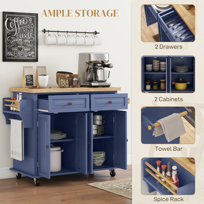 Kitchen Island with Storage, Rolling Trolley Cart with Rubber Wood Top, Spice Rack, Towel Rack, Navy Blue