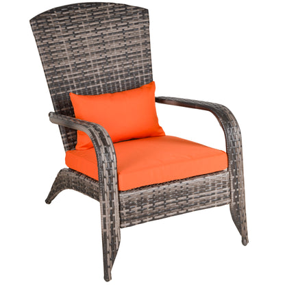 Patio Wicker Adirondack Chair, Outdoor PE Rattan Fire Pit Chair, Muskoka Chair w/ Soft Cushions, Tall Curved Backrest and Comfortable Armrests for Deck Garden, Orange