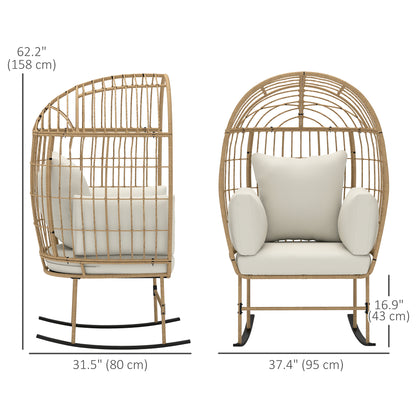 Oversized Rocking Chair, Indoor Outdoor Egg Chair w/ Thickened Cushions, Wicker Patio Lounger for Porch, Balcony, Beige