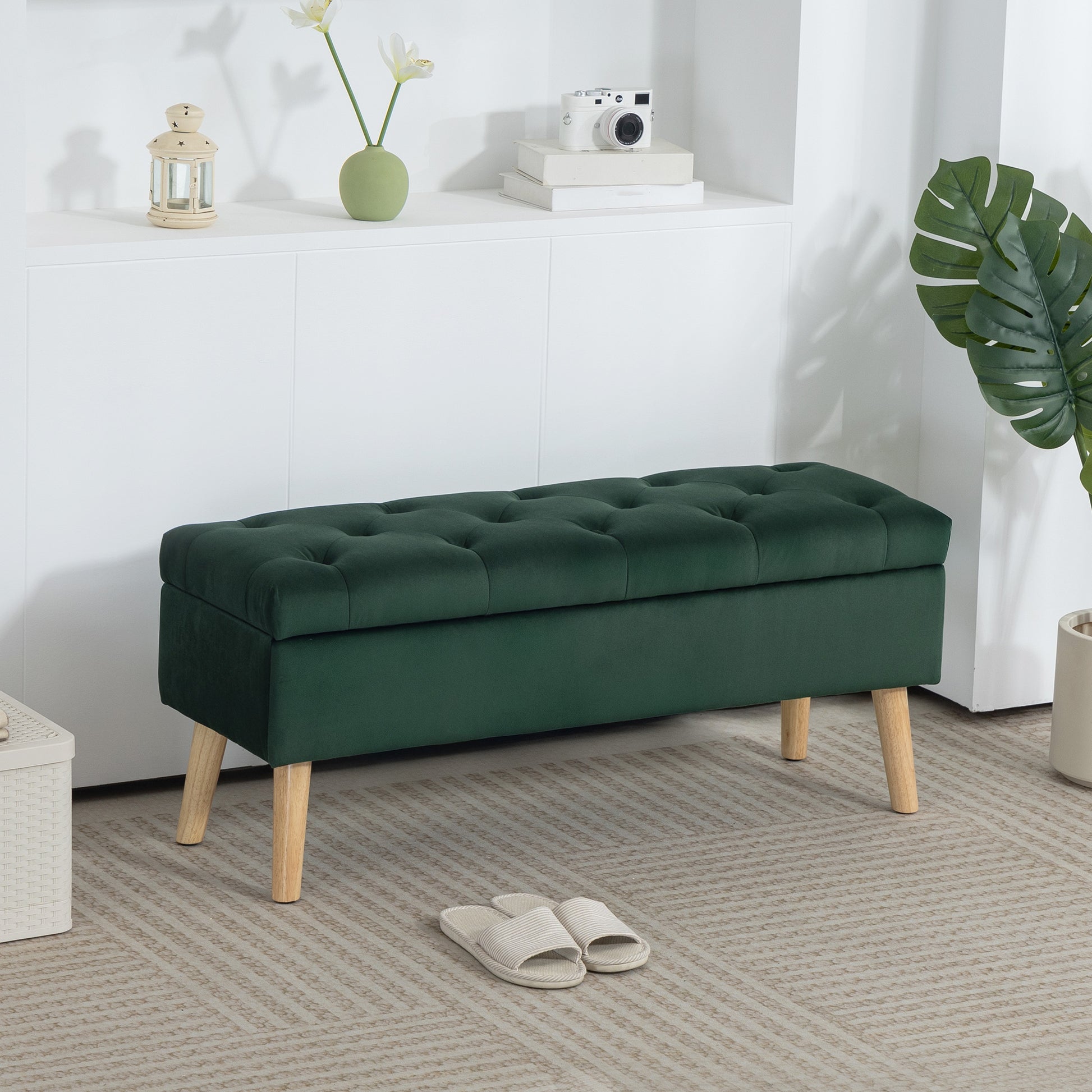 Storage Ottoman with Lid, Velvet Upholstered Storage Bench with Wood Legs for Living Room, Dark Green