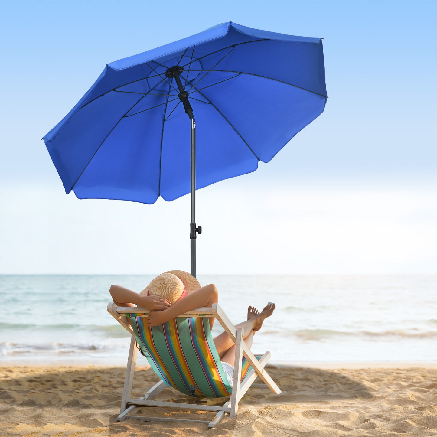6ft Beach Umbrella, Outdoor Sun Shade Parasol with Push Button Tilt, Ruffled UV50+ Vented Canopy, Blue