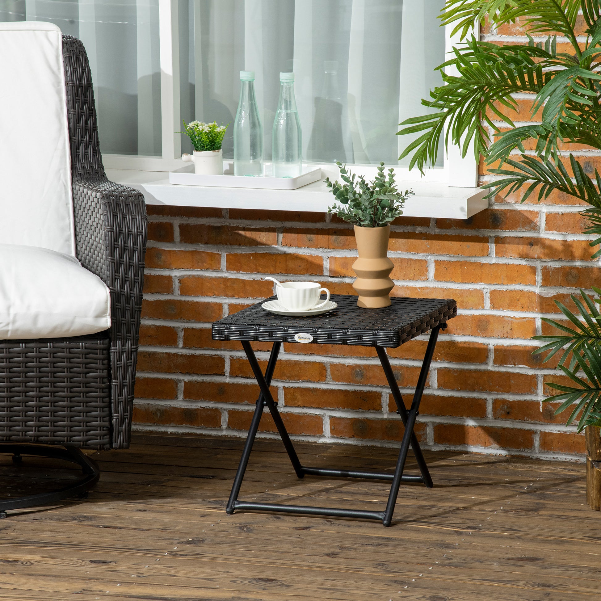 Patio Wicker Coffee Table, Outdoor PE Rattan Garden Folding Side Table, 15.75"x15.75"x15.75", Black
