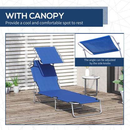 Outdoor Lounge Chair, Adjustable Folding Chaise Lounge, Tanning Chair with Sun Shade for Beach, Camping, Hiking, Backyard, Blue