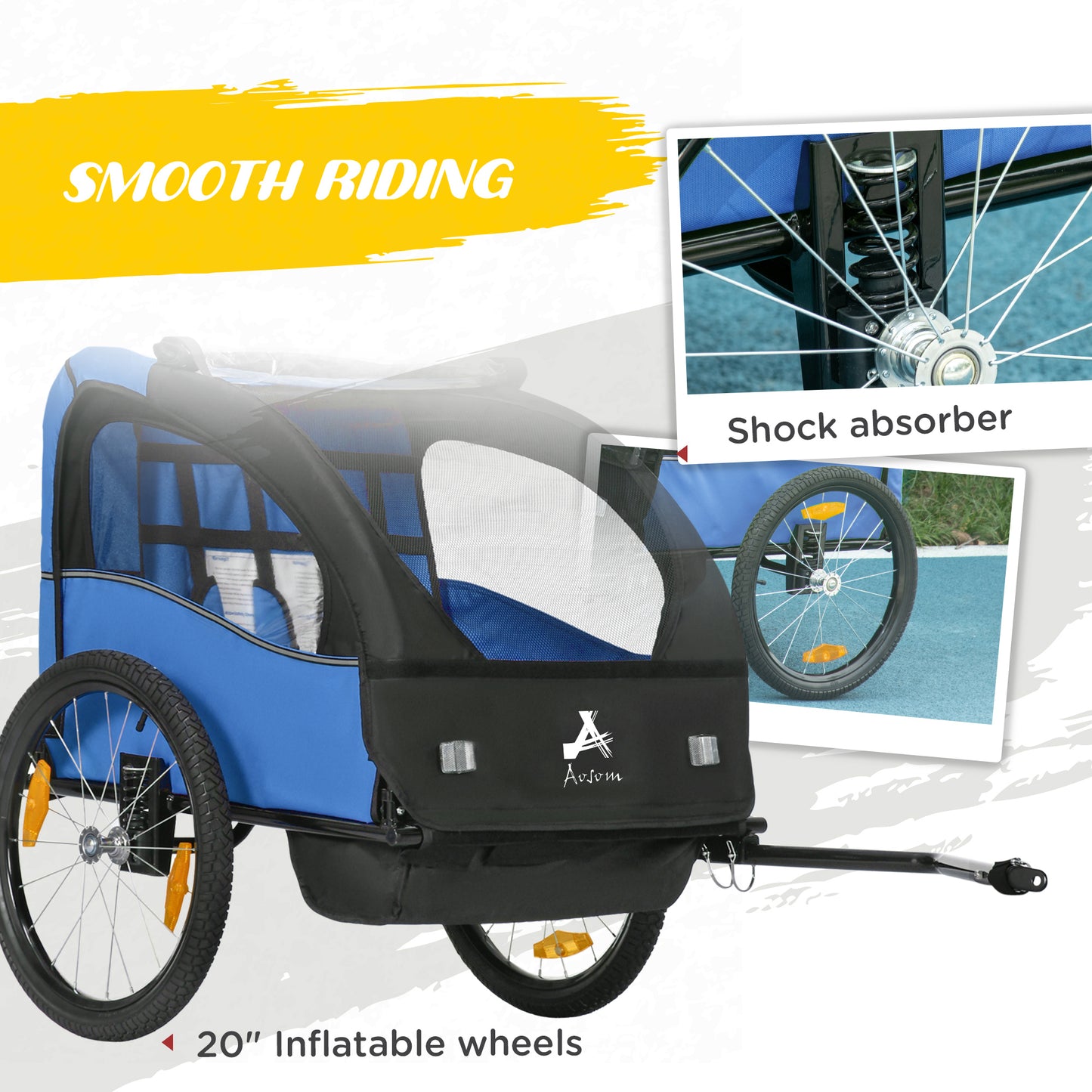 Aosom 2 Seat Bike Trailer for Kids, Baby Stroller with Storage Bag, 5 Point Harness, Bicycle Trailer with 20" Wheels, Blue