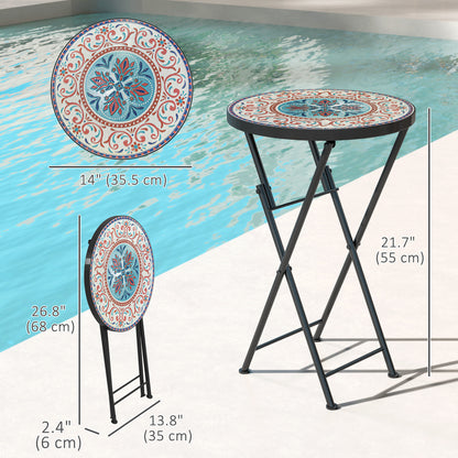 Mosaic Outdoor Patio Side Table, 14" Round Folding Outdoor Coffee Table with Steel Frame for Balcony Deck Patio Terrace, Mixed Colour